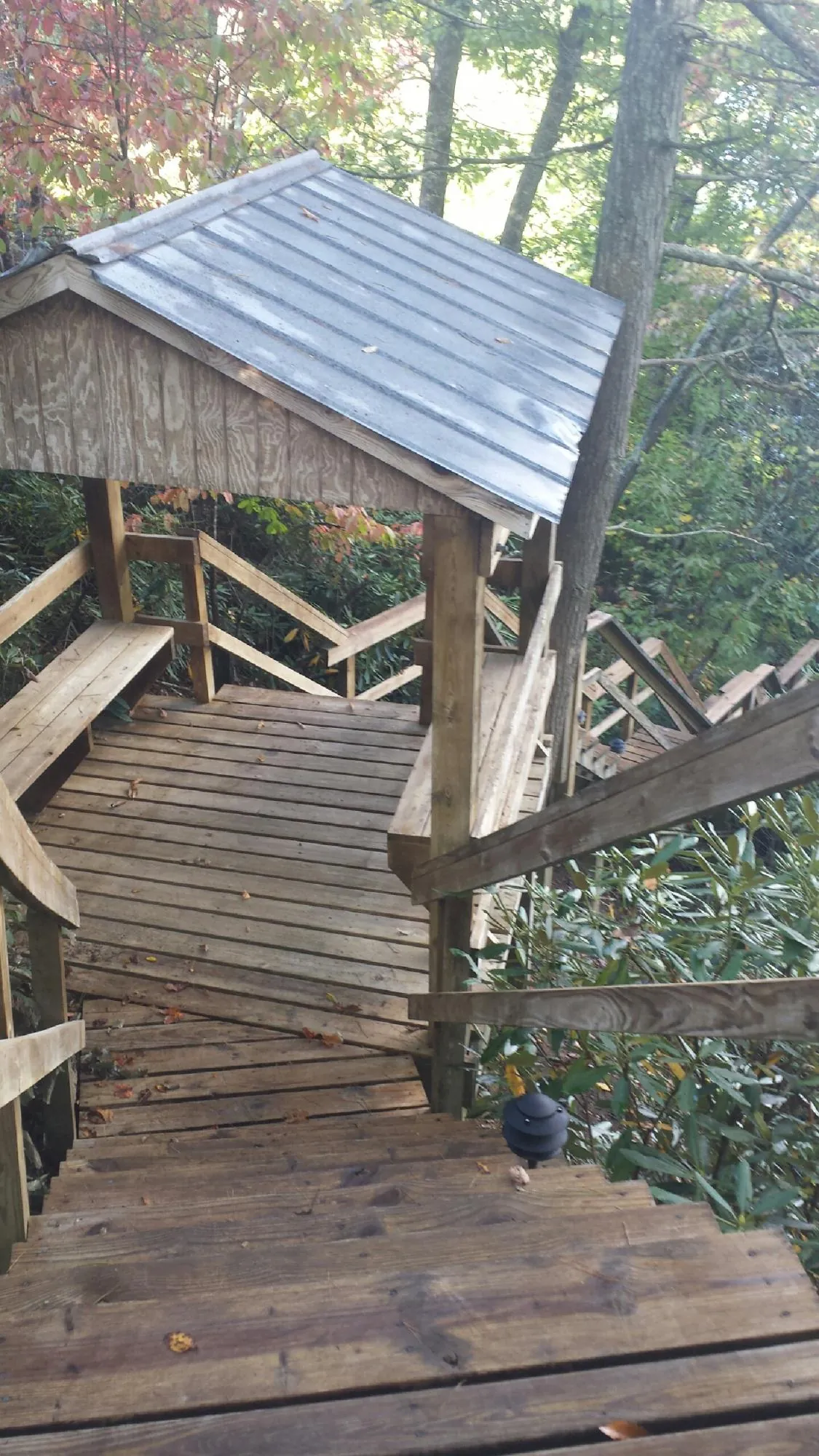 Metal roofed shelter over wooden steps on a wooded walkway — Skylight Repair & Installation work by our crew in Drakesville